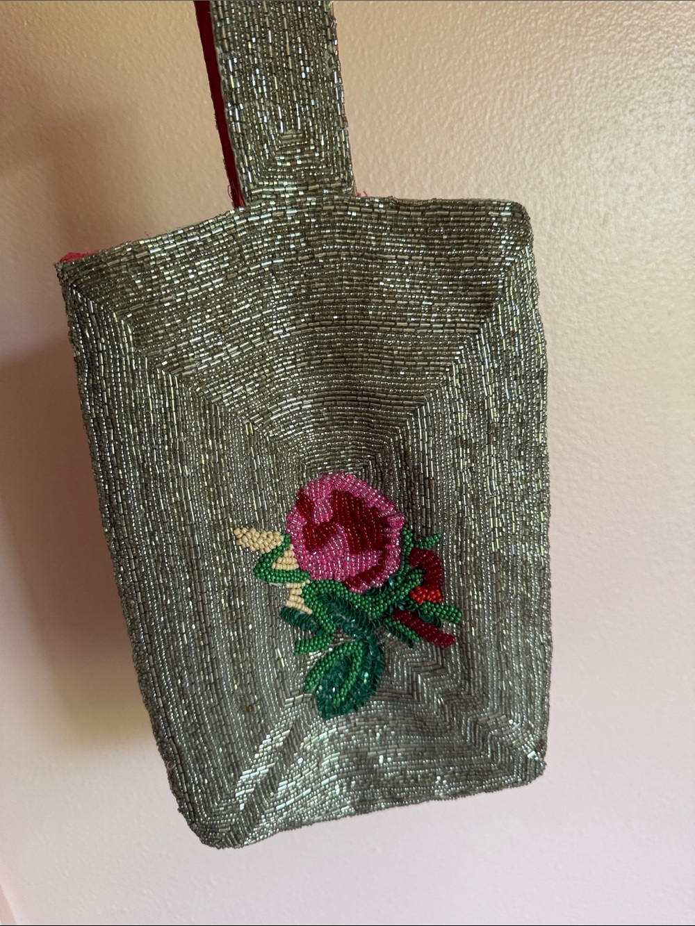 Beaded Silver Evening Wristlet with Pink Rose Accent